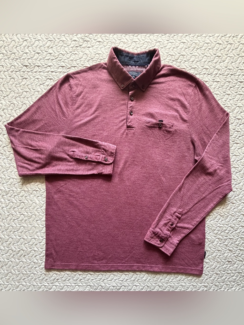 Ted Baker Men’s Size 6 (US 2XL) Long Sleeve Polo Shirt Burgundy Heather Stretch